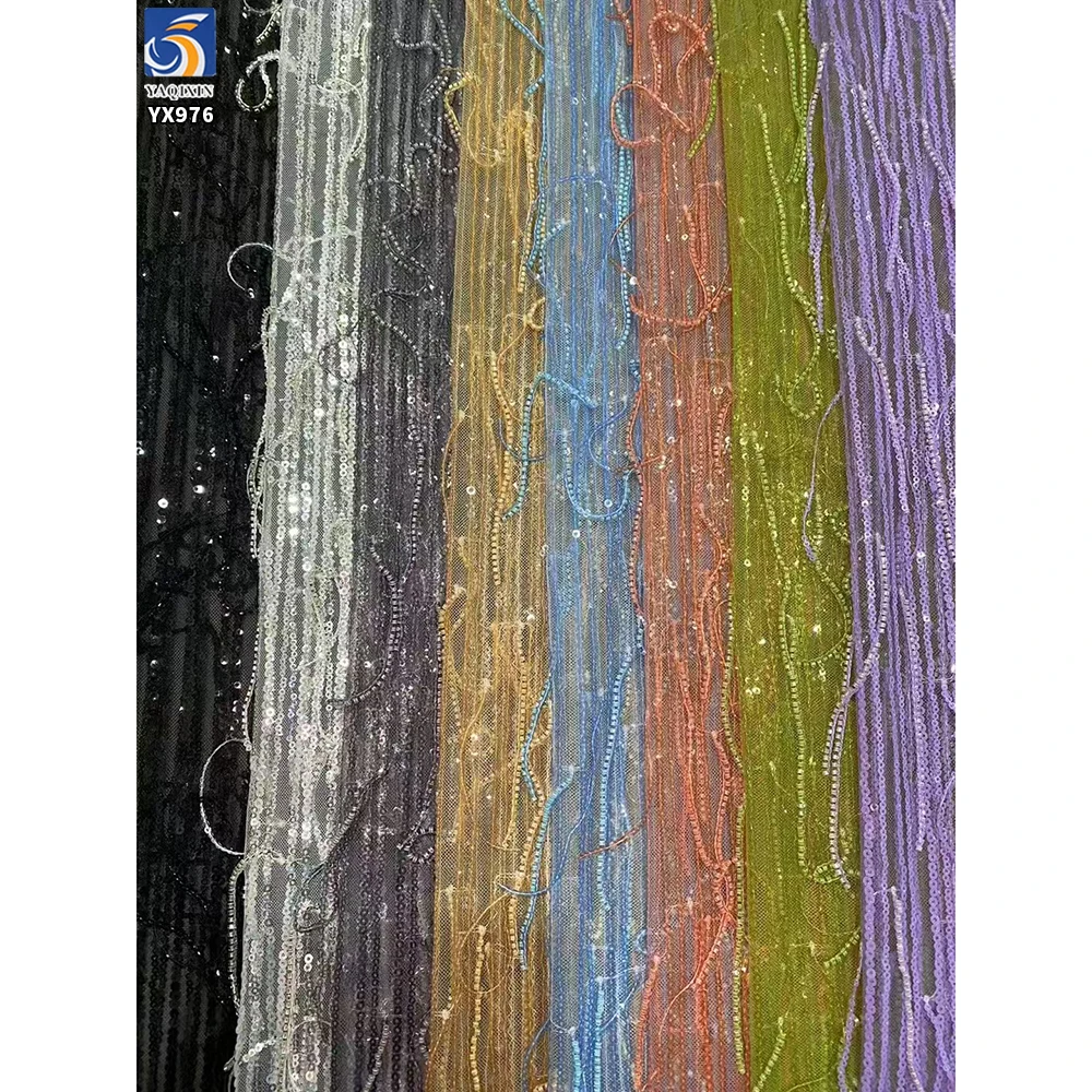 YX976 300gsm Fashion Dance Skirt Sequin Fringe Fabric Sales for 5 Yards Embroidery Mesh Tulle Fringe Beads Sequins Fabric - 图片 3