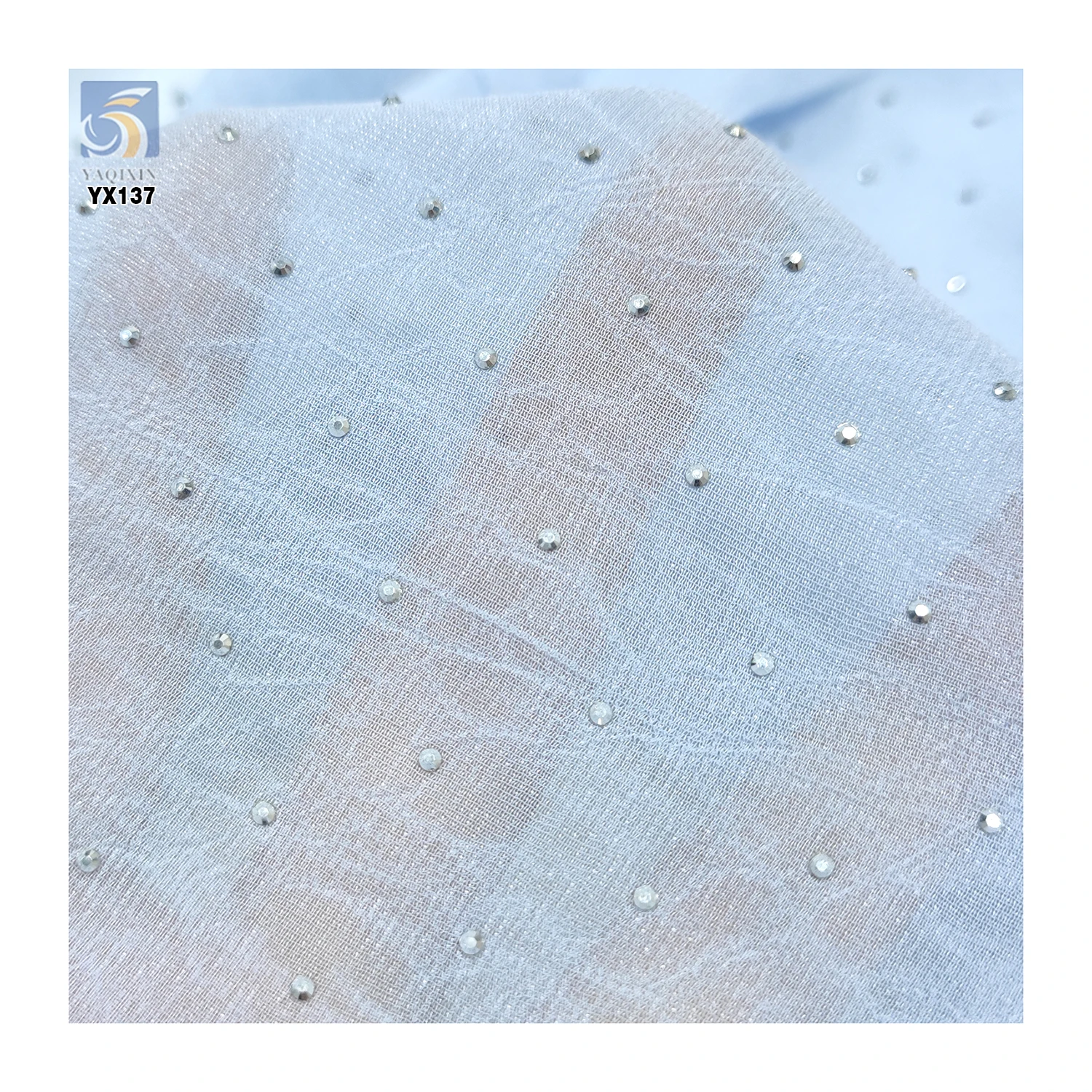 High Quality 75D 110gsm Pearl Crepe Chiffon Polyester Fabric With Crystal Diamond Embroidery by the Yards - 图片 4