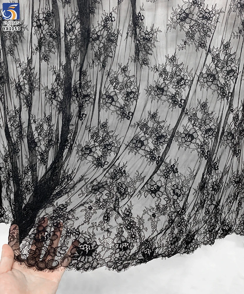 YX1053 Tulle Poly Black Eyelash Lace Fabric Ply Bone Thread Embroidery Flowers Custom Apparel-Sleepwear Eyelash Lace Fabrics - 图片 4
