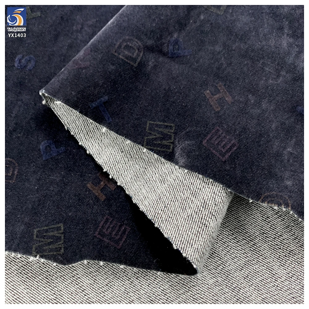 YX1403 2026 10oz High-Stretch Flock Denim Fabric OEM Custom Flocked Flower English Pattern Denim Fabric for Jackets - 图片 5