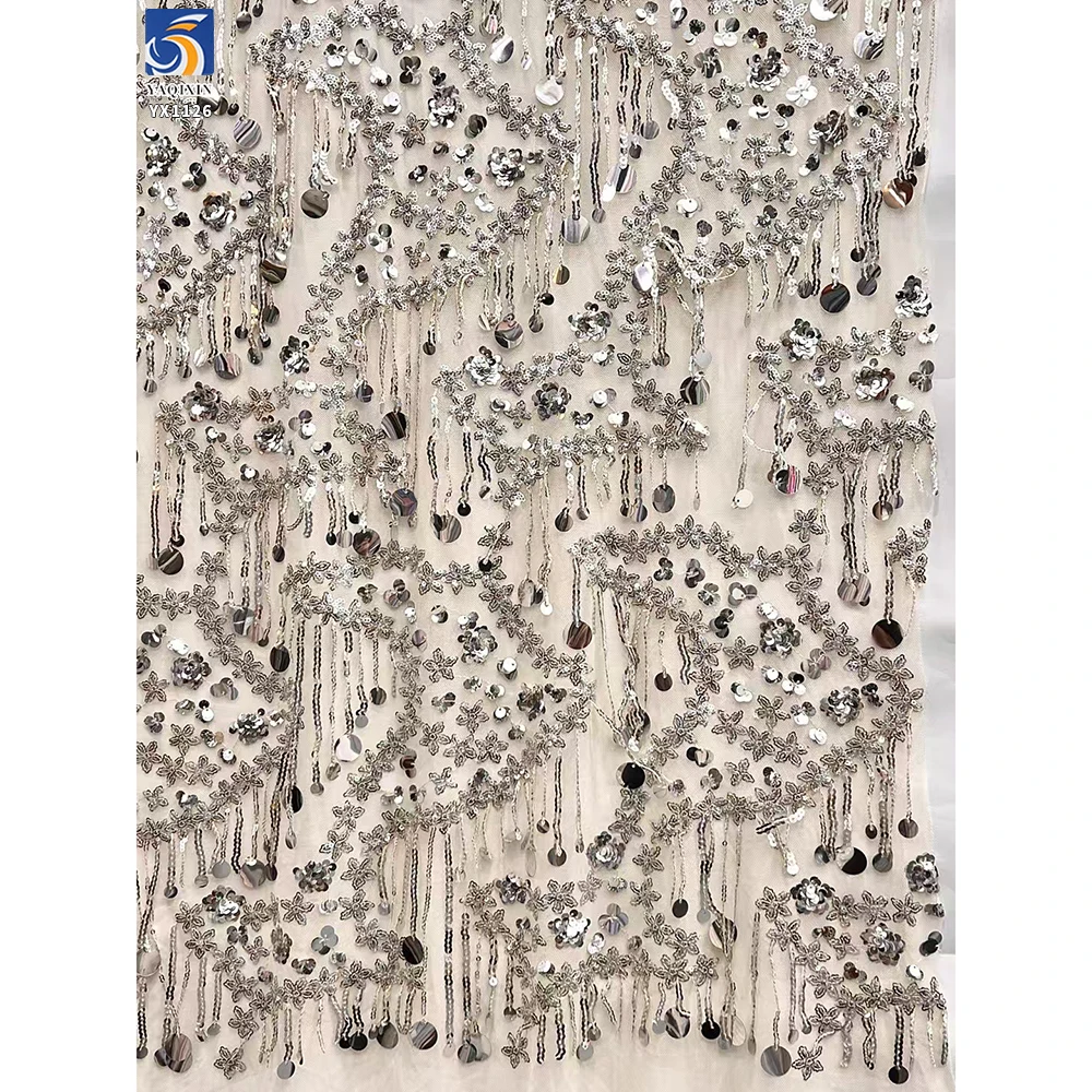 YX1126 Manufacturer Fringed 400gsm Heavy Sequin Fabric Five-Pointed Star Florals Shaped 3D Sequin Mesh Dress Fabric - 图片 4
