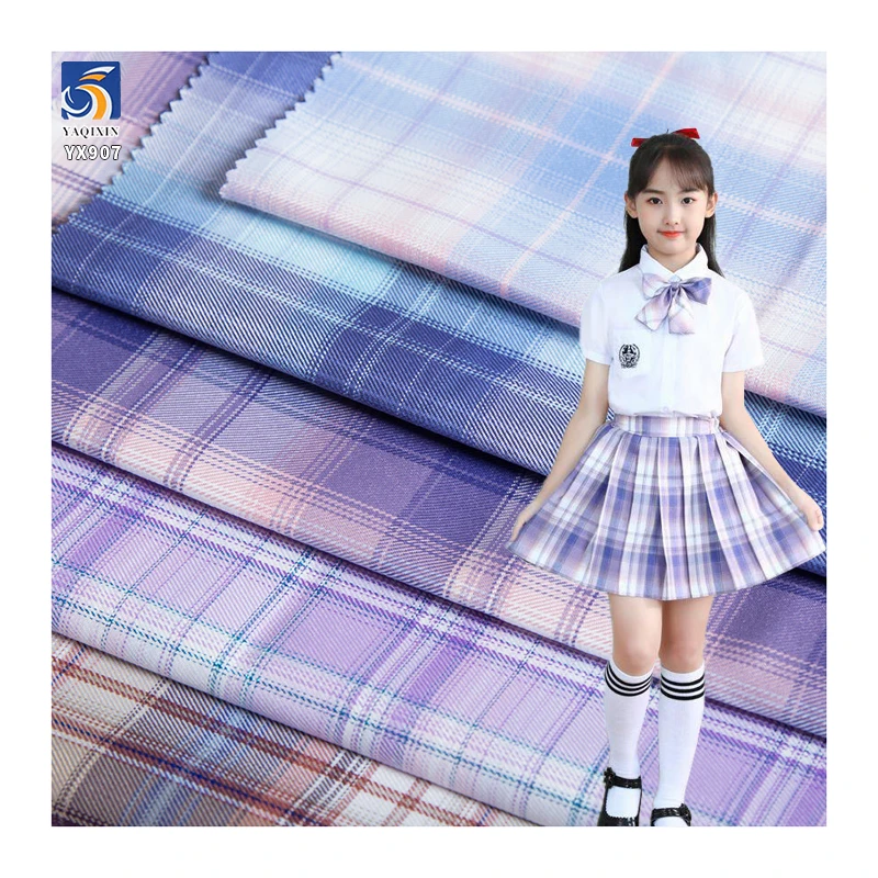 YX907 300D 170gsm African Girls School Uniform Kenya Polyester Jk Skirt Dress Fabric Purple Plaid Yarn-Dyed Fabric