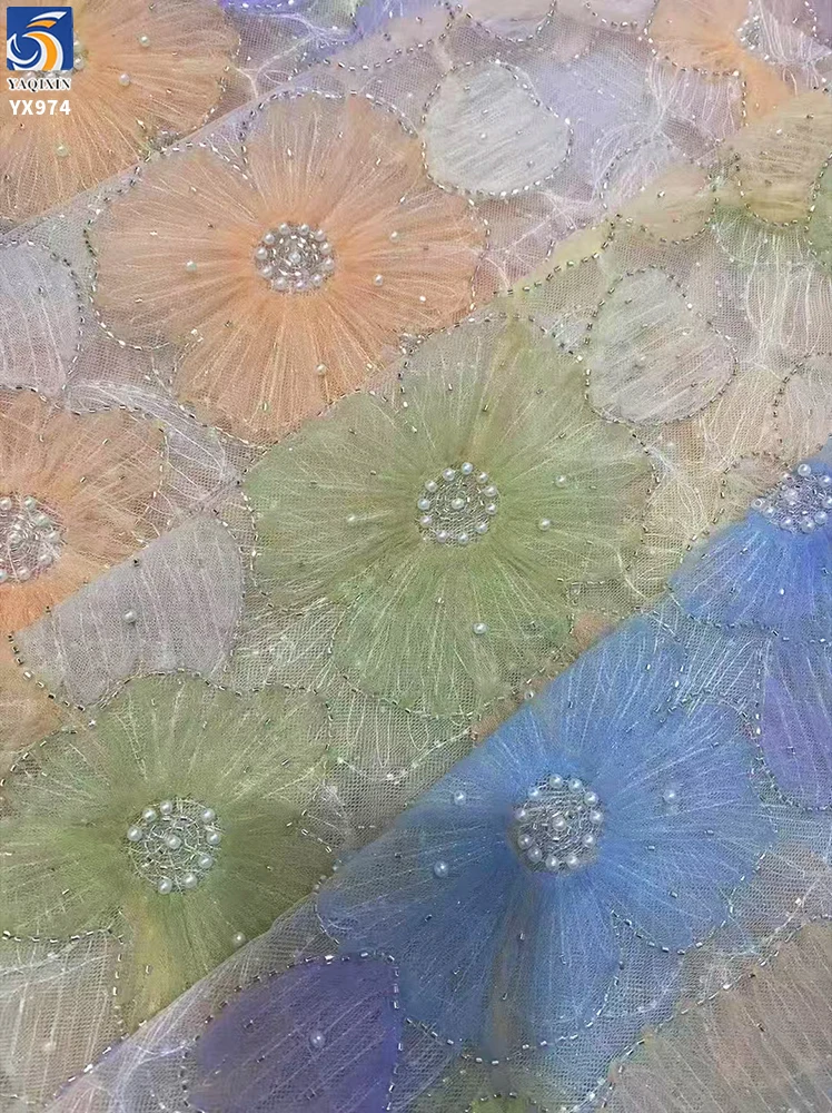 YX974 Colorful Digital Printing Big Flowers 3D Heavy Embroidery Tulle Fabric With Pearls 3D Poly Knitted Mesh Fabric Latest - 图片 5