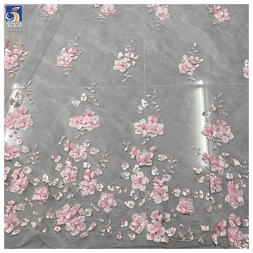 YX218 Hot Selling Wholesale Price Pearl Embroidery Handmade 3D Flower Fabric Polyester Mesh Dress Fabric - 图片 6