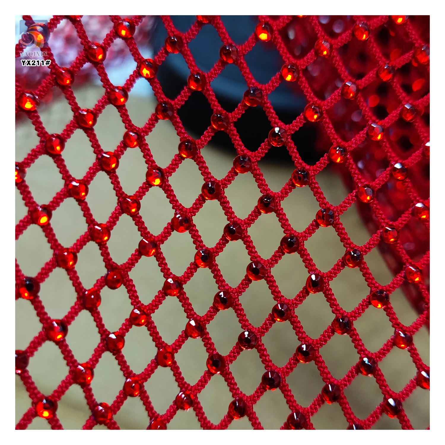 YX221 Wholesale 130gsm Polyester Net Mesh Glitter 3D Rhinestone Fabric - 图片 4
