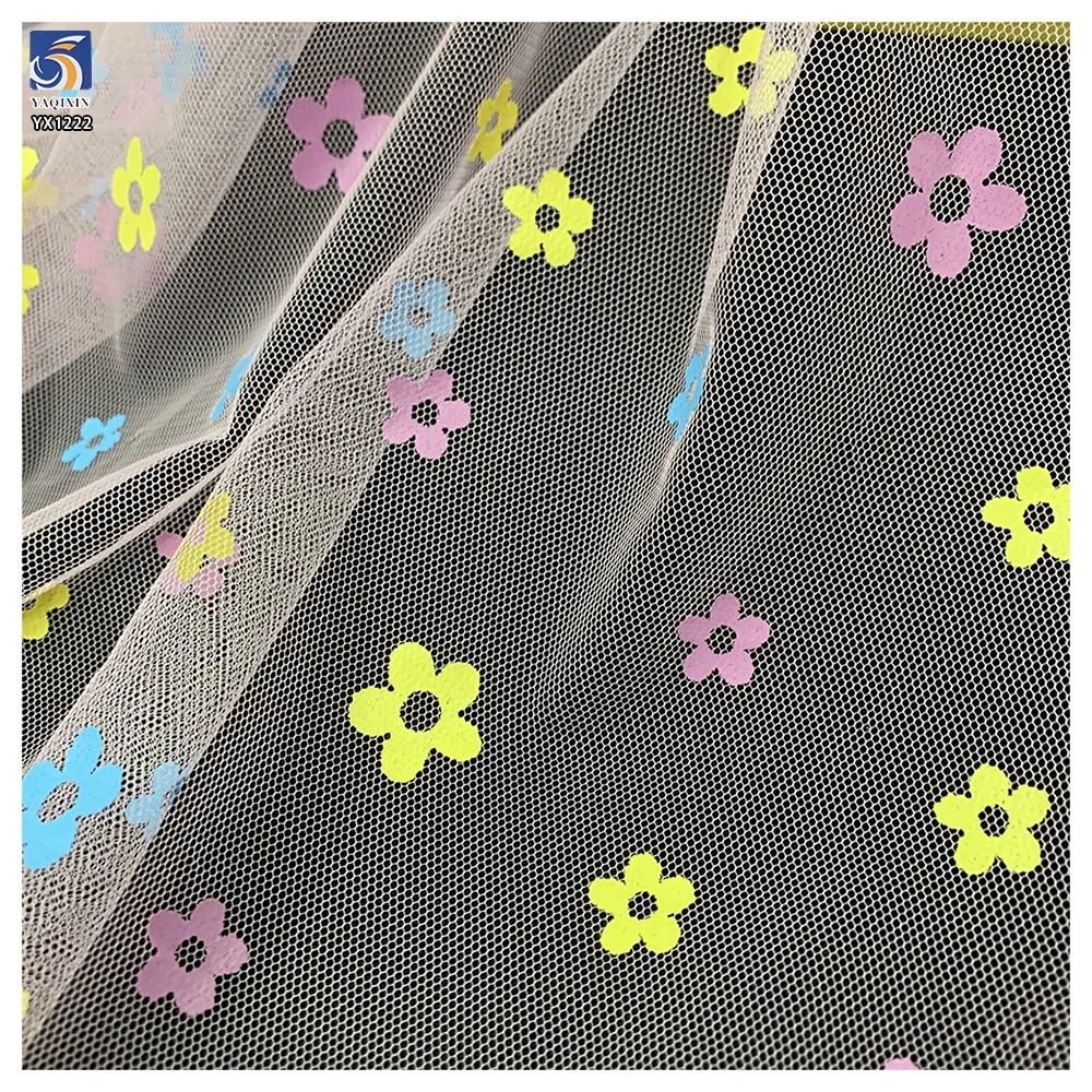 YX1222 2026 Offset Printing Custom Pink/Blue/Yellow Florals Mesh Tulle Fabrics for Girls' Skirts Children's Day Tulle Fabric - 图片 5