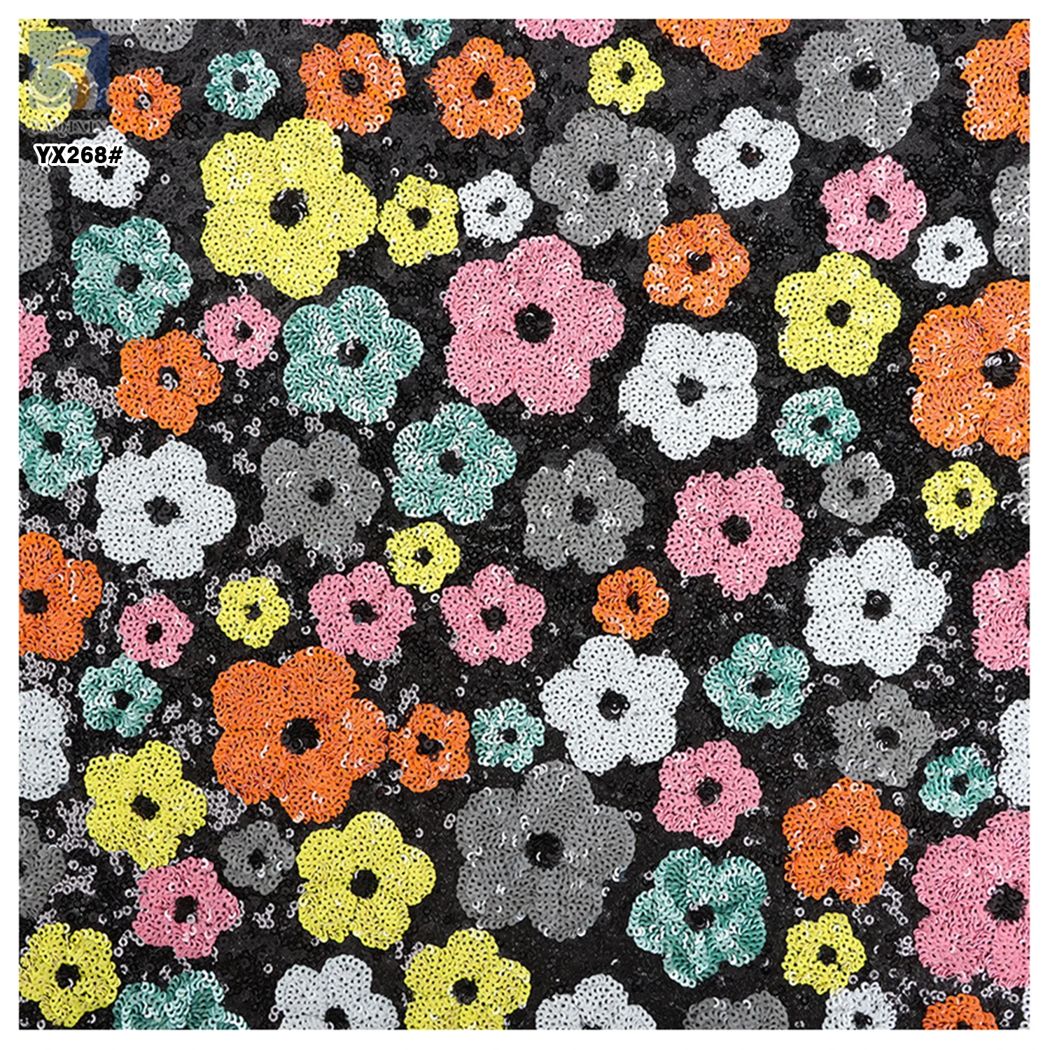 YX268 High-end 500gsm Flower Multicolor Heavyweight Embroidery Sequin Fabric for Clothing - 图片 6