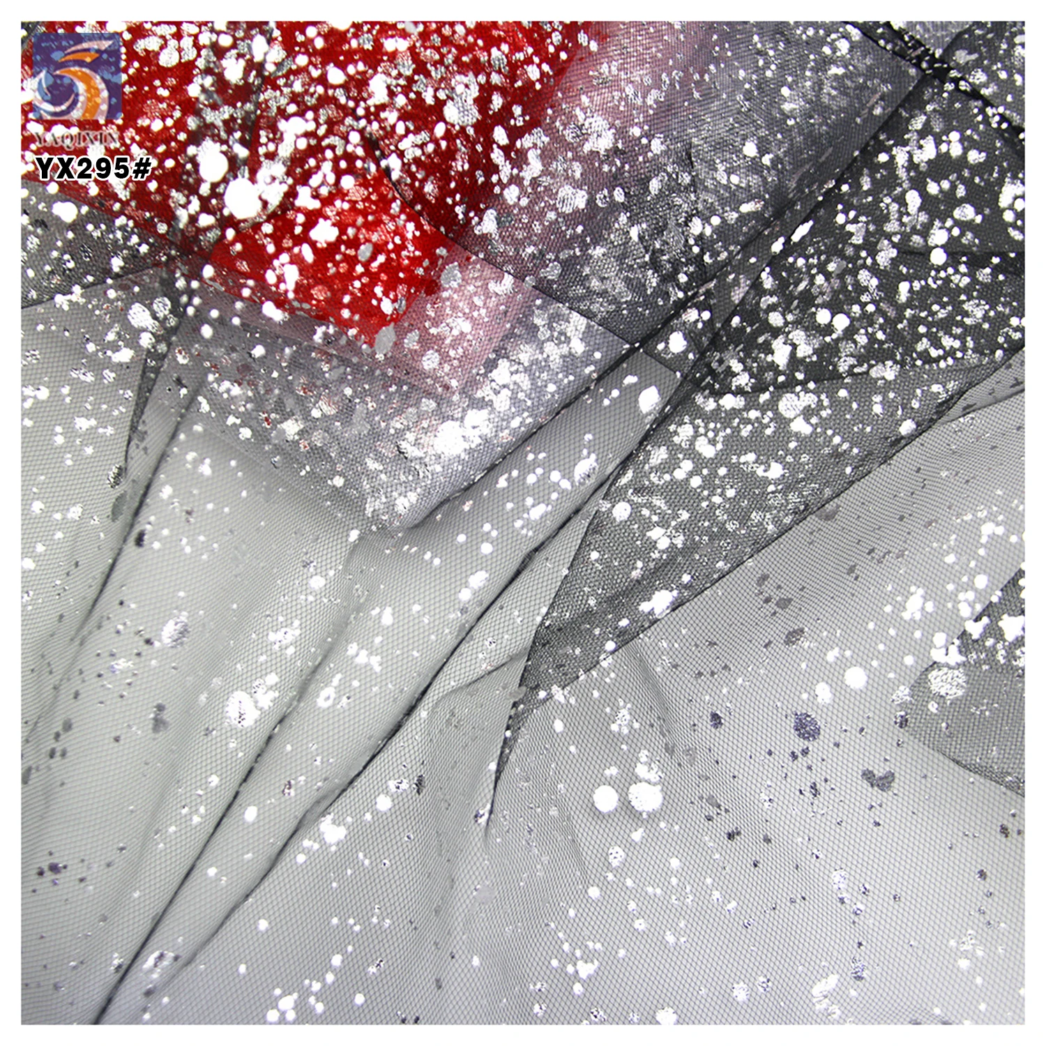 YX295-1 High Quality Customized Silver Iridescent Splatter Film Printed Polyester Mesh Tulle Fabric - 图片 6