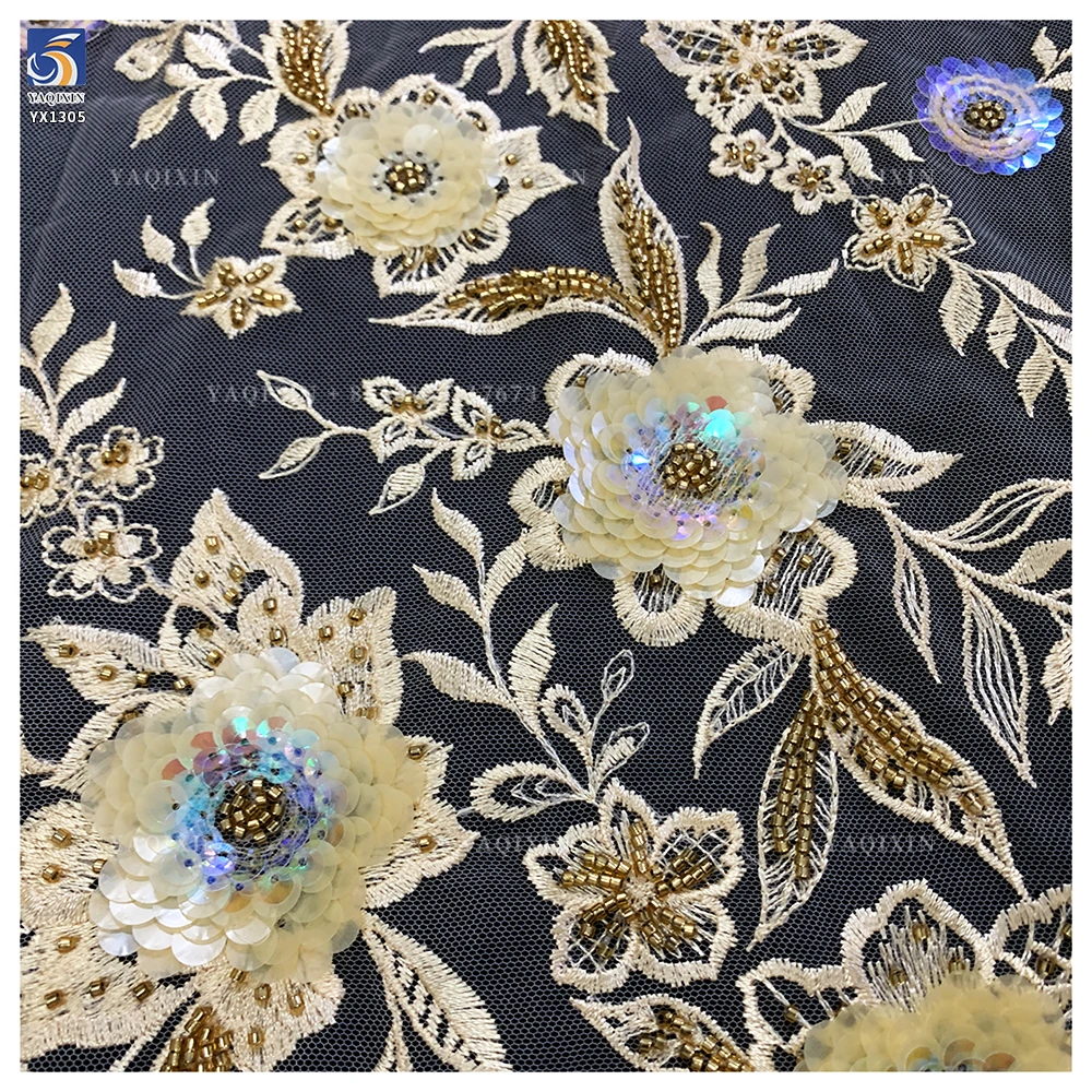 YX1305 Chinese Palace Luxury Style 3D Flower Sequin Colored Lace Mesh Fabric Textile Elegant Embroidered Tulle and Lace Fabric - 图片 5