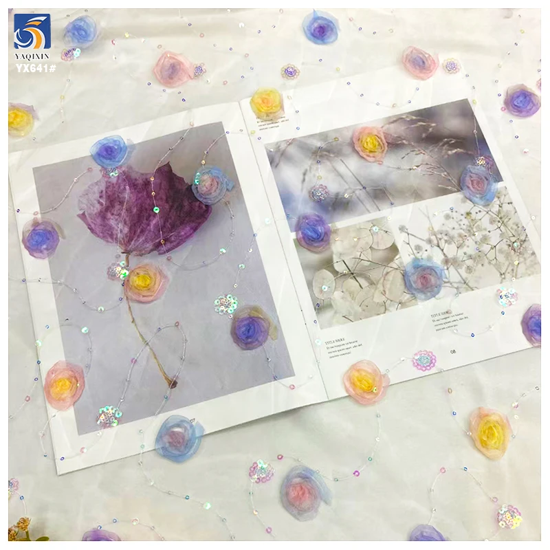 YX641 Princess Dress Lolita Children's Clothing Fabric Sequin Gradient Tulle Embroidered 3D Flowers Mesh Fabric - 图片 4