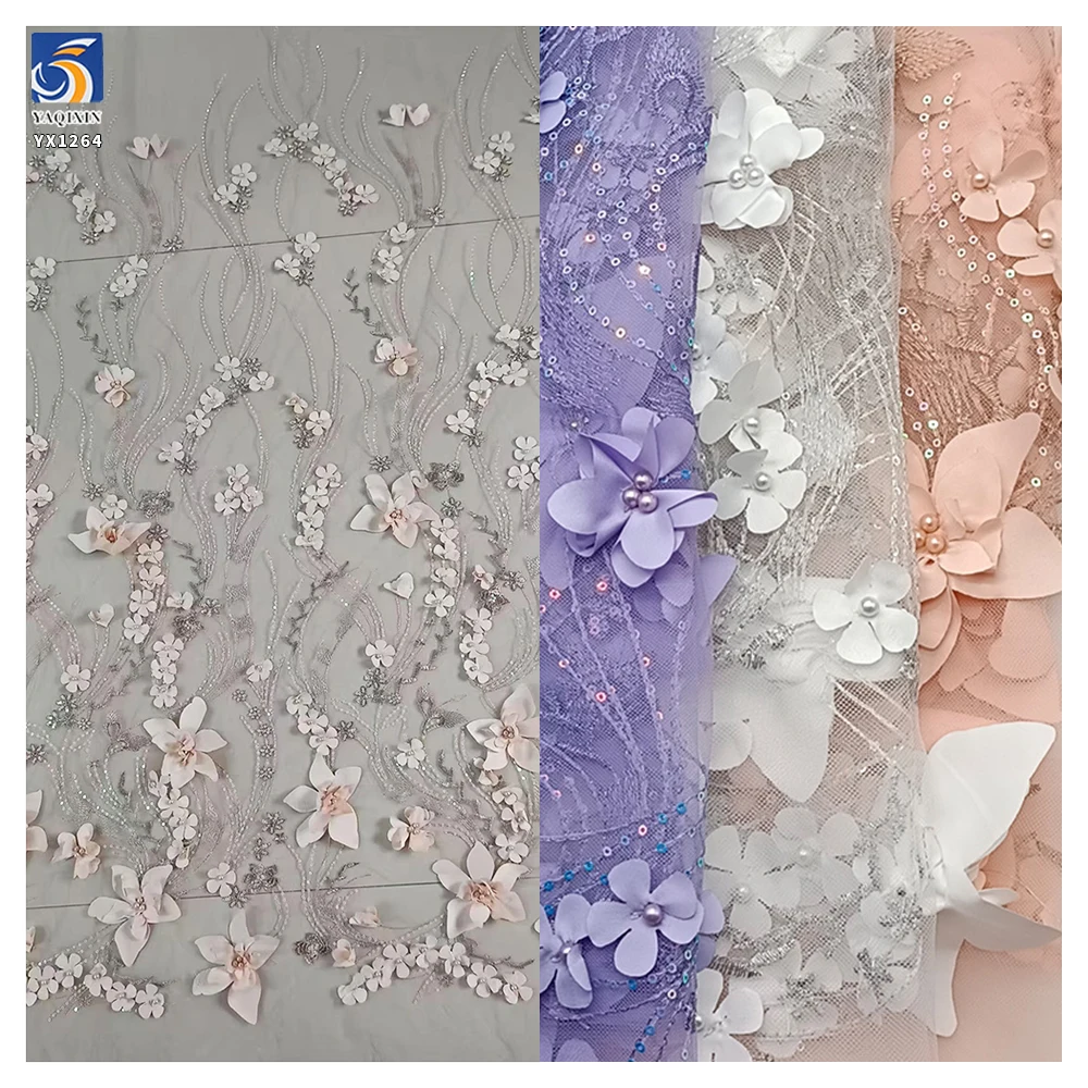 YX1264 Latest Design in China Pearl 3D Embroidery Lavender Purple Fabric 5 Yards Purple Flowers Mesh Fabric With Sequins - 图片 3