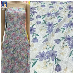 YX744 Purple Floral Stretch Mesh Net Chantilly Lace Fabric 95 Polyester 5 Spandex Printed Mesh Lace Fabric for Clothing
