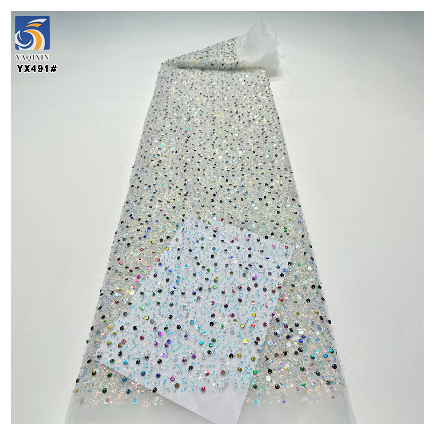 YX491 Wholesale Sequin Embroidery Beads Pearls Lace Fabric 2025 Sequined Lace Mesh Fabric - 图片 4