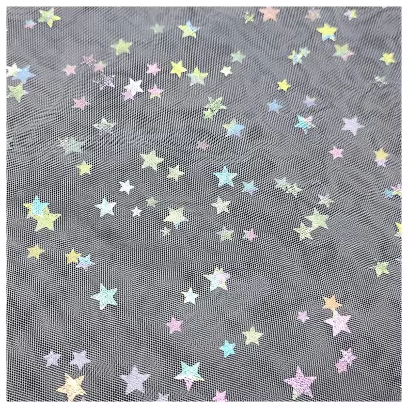 Happy 4th of July American Holiday Party Fabric 100% Polyester Colorful Foil Printed Stars on Tulle Fabric - 图片 5