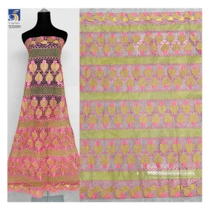 YX1076 High Quality Heavyweight 300gsm Pink Leaves Pattern Embroidered Water-Soluble Lace Fabric Ethnic Lace Fabric Textile