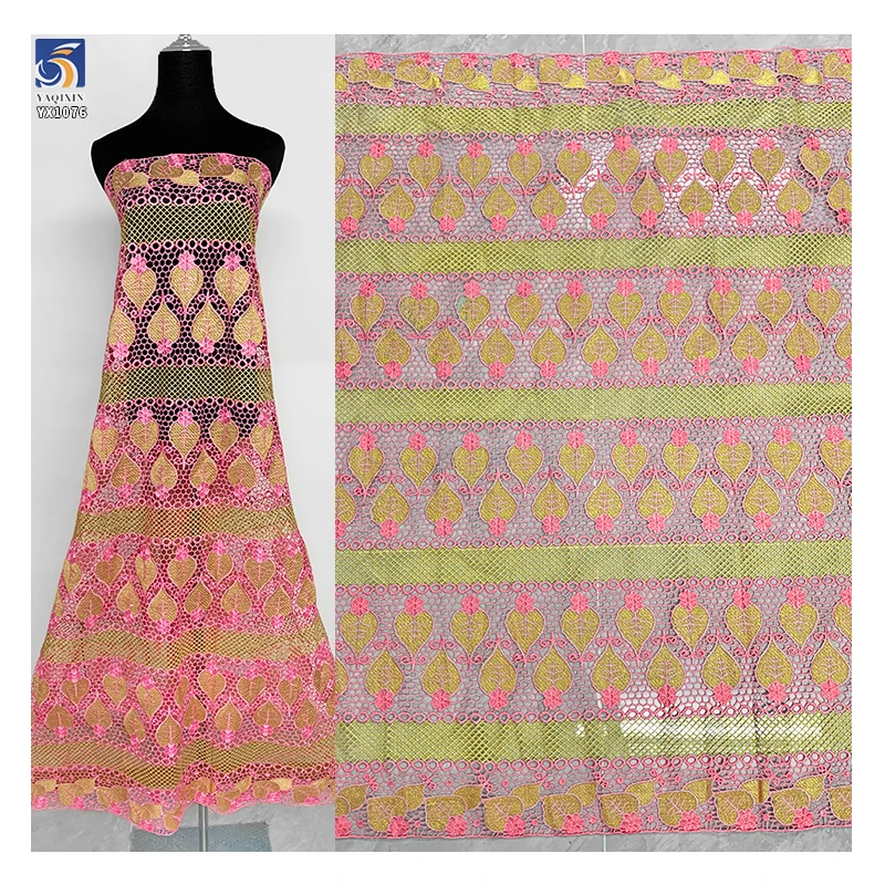 YX1076 High Quality Heavyweight 300gsm Pink Leaves Pattern Embroidered Water-Soluble Lace Fabric Ethnic Lace Fabric Textile