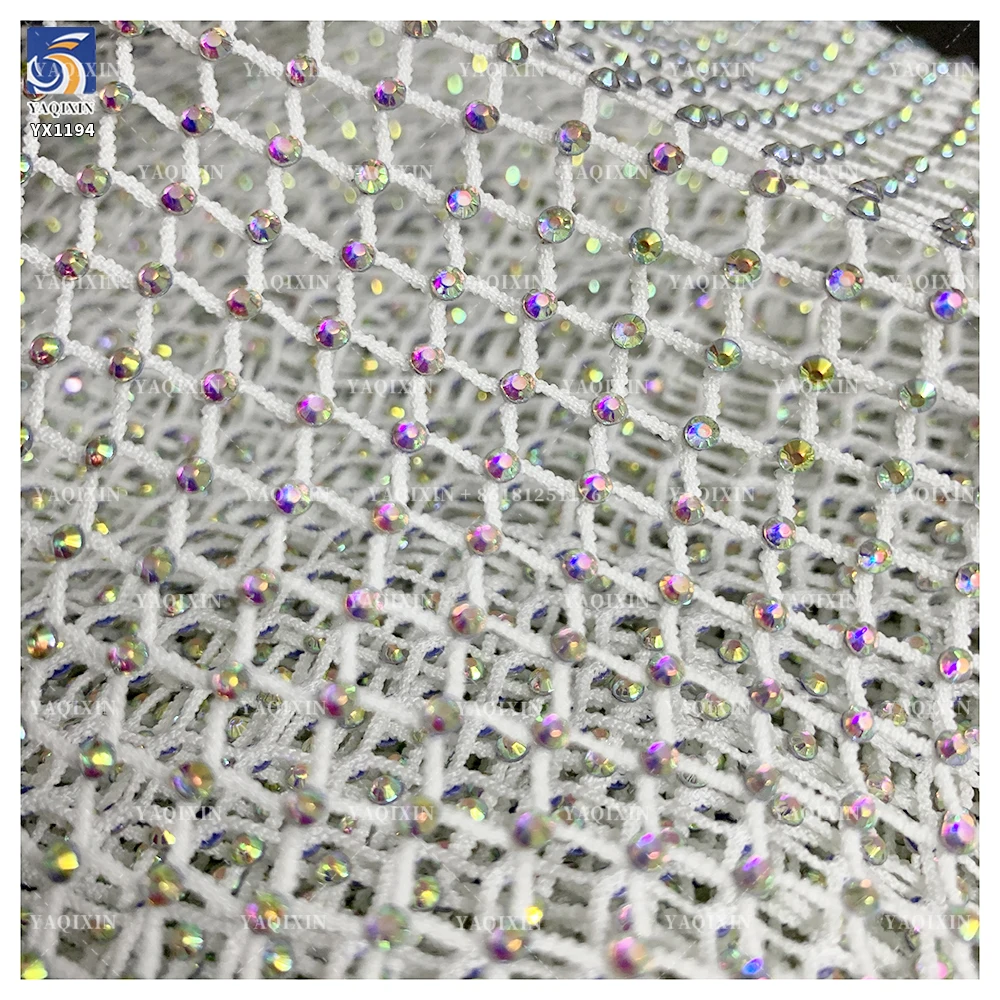 YX1194 2026 New Hot 3D Colored Brilliant Diamonds Stones Stretch Net Mesh Fabric Wholesale by Roll for Dance Skirt - 图片 3