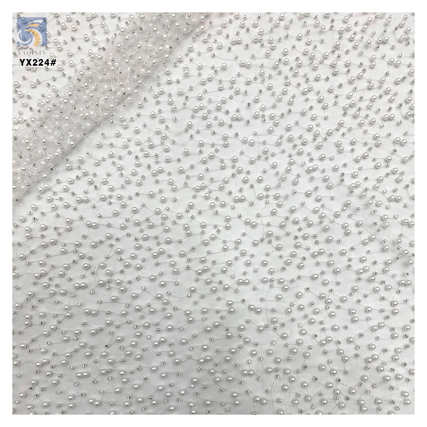 YX224 Custom Bridal Wedding Pearl Lace Fabric Handmade Embroidery Soft Bridal Lace Dress Pearl Beaded Tulle Fabric - 图片 6