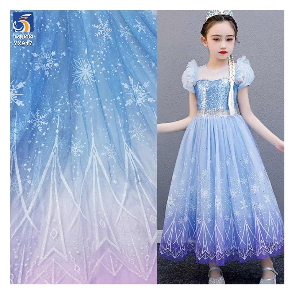 YX947 New Arrivals Polyester Gradient Mesh Fabric With Snowflake and Ice Printed Frozen Princess Dress Cartoon Tulle Fabrics - 图片 2