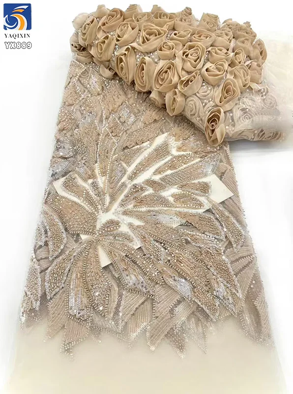YX901 High Quality Pink Mesh 3D Flowers Lace Handmade Beads French Lace Sequin Fabric 3D Lace Fabrics for Dresses - 图片 5