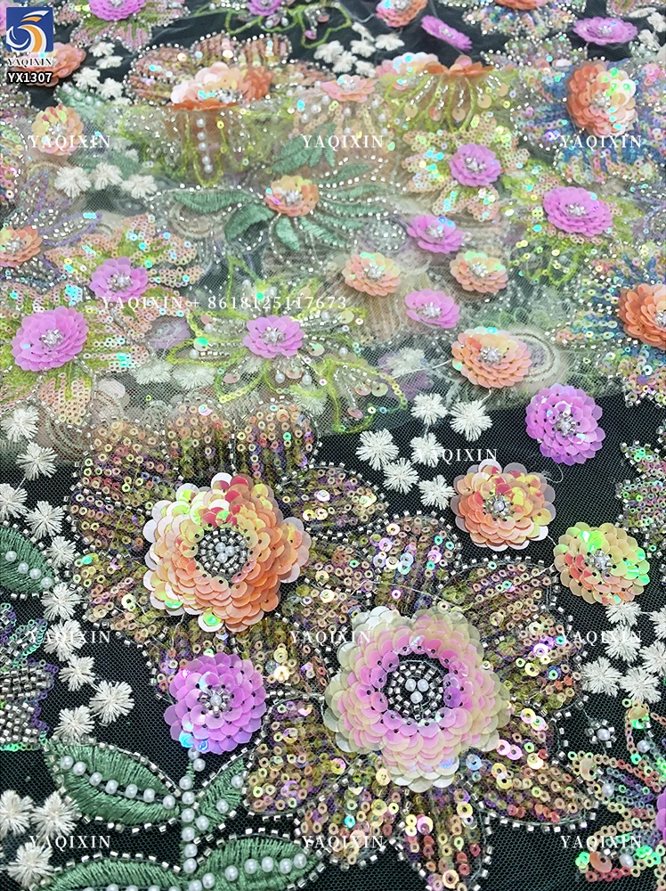 YX1226# New Product Launch 3D Flower Pattern Sequin Embroidery Colorful Mesh Fabric DIY Handmade Sequin Lace Fabric Textile - 图片 5