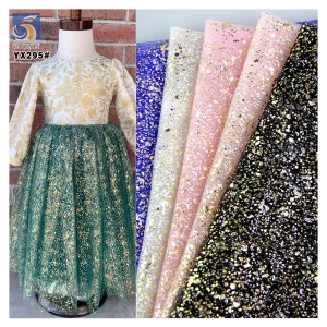 YX295 American New Arrivals 100% Polyester Film Printed Black Tulle Fabrics With Gold Iridescent Splatter