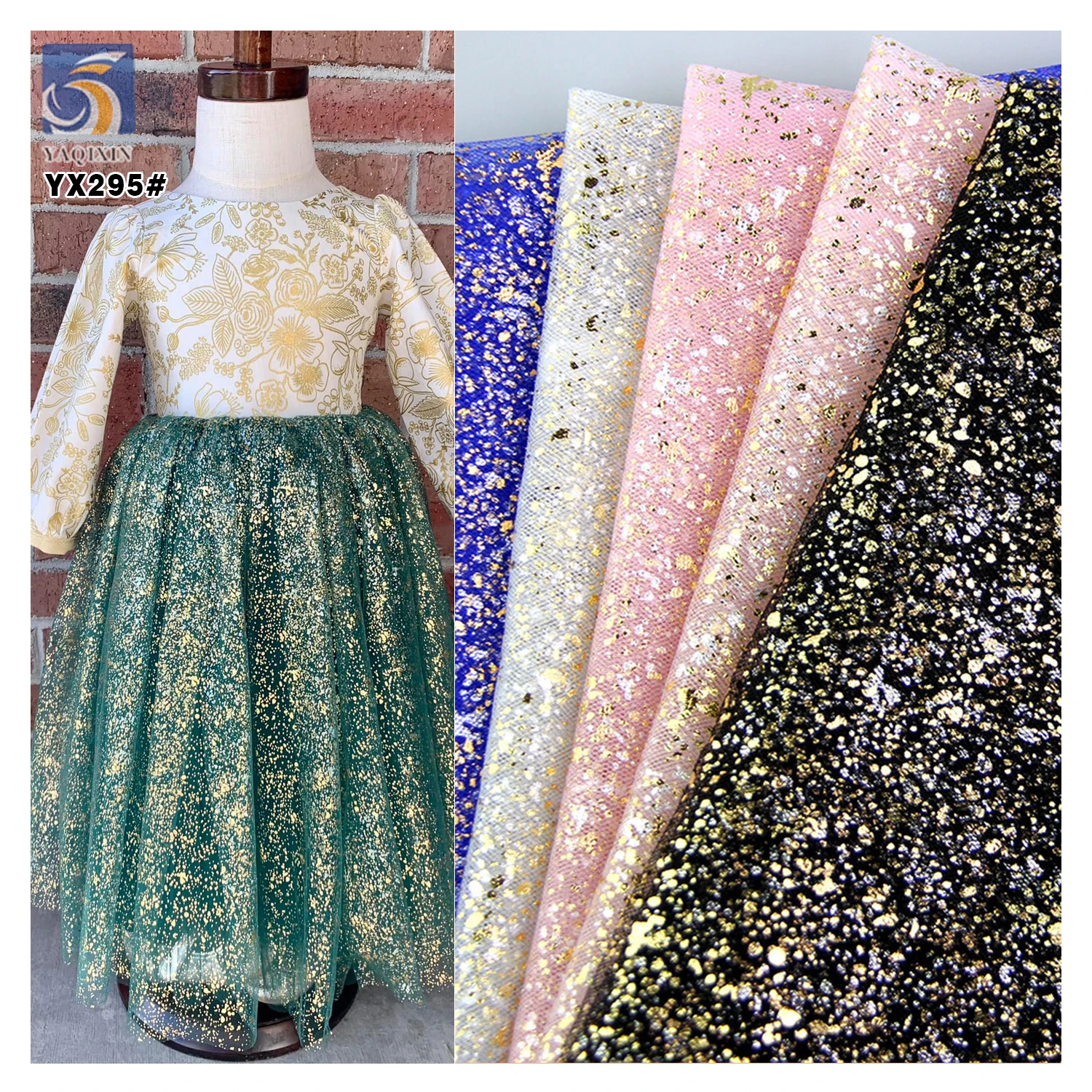 YX295 American New Arrivals 100% Polyester Film Printed Black Tulle Fabrics With Gold Iridescent Splatter
