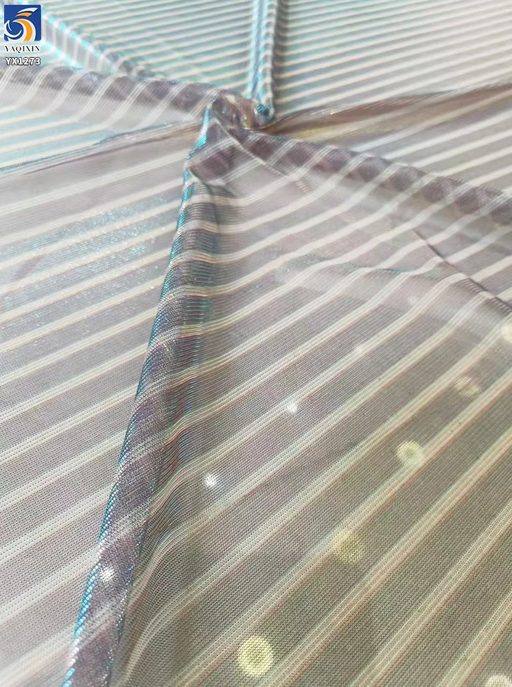YX1273 New Fashion 1 Yard Polyester Knitted Laser Lurex Chiffon Thick Striped Fabric for Dance Color-Changing Costumes - 图片 3