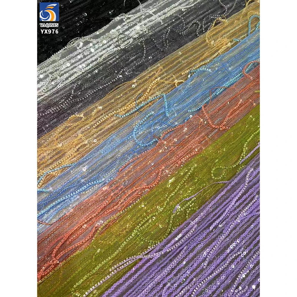 YX976 300gsm Fashion Dance Skirt Sequin Fringe Fabric Sales for 5 Yards Embroidery Mesh Tulle Fringe Beads Sequins Fabric - 图片 4