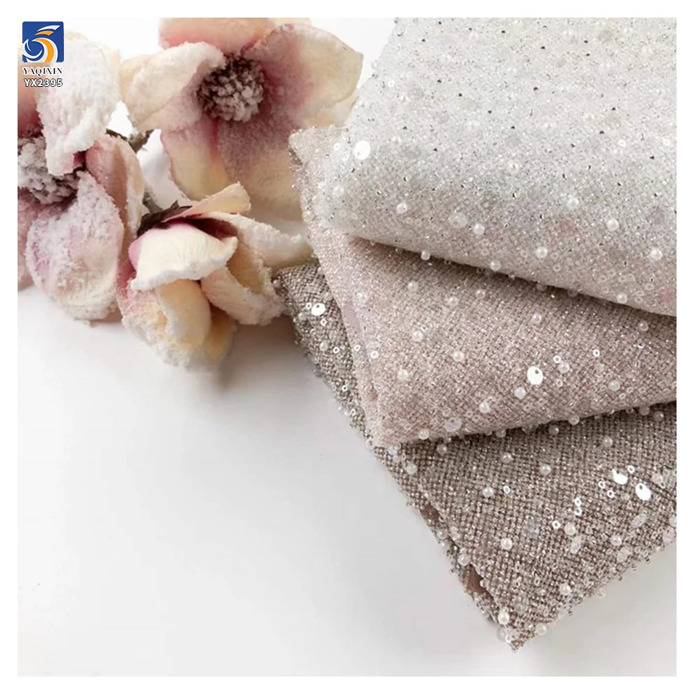 Royal Blue Sparke Glitter Sequins Lace Fabric Mesh Embroidery Beaded Pearl Lace Fabric for Wedding Gown - 图片 3