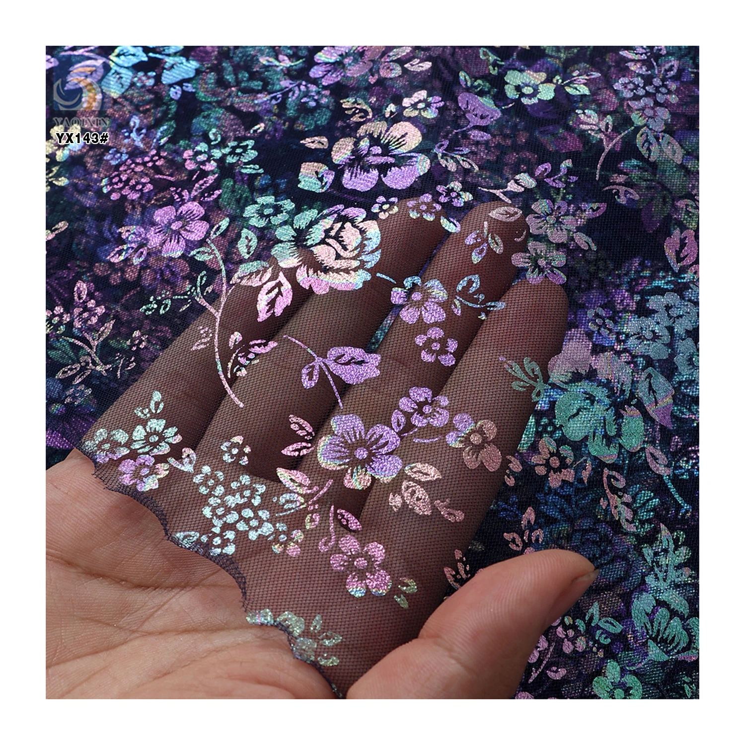 YX143 Beautiful Fancy 100% Polyester Floral Foil Printed Gradient Mesh Tulle Fabric Sheer Tulle With Printed - 图片 4