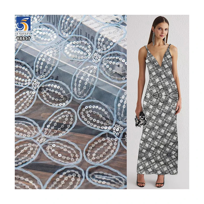YX857 Lucky Four-Leaf New Design Polyester Embroidery Tulle With Silver and White Sequins for Women Dresses Sequin Fabrics