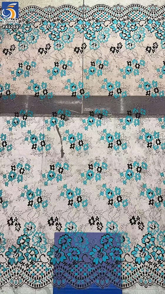 YX1269-1 France Elegant Style Two-Tone Eyelash Lace Fabric Polyester Cyan-Blue Hot Selling Tulle Lace Fabric for Garments - 图片 6