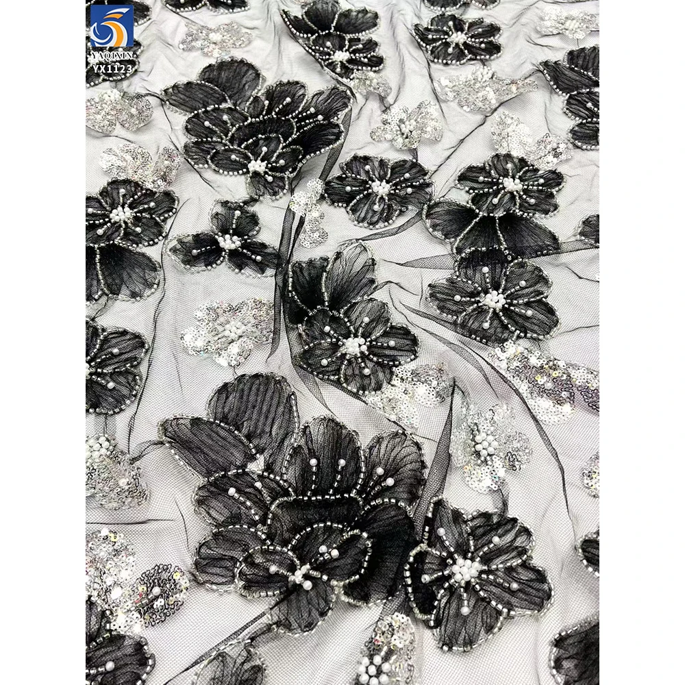 YX1123 New Fashion Style European Tulle Fabric Lightweight 3D Florals Embroidery Mesh Women's Skirt Fabric With Pearls Sequins - 图片 4