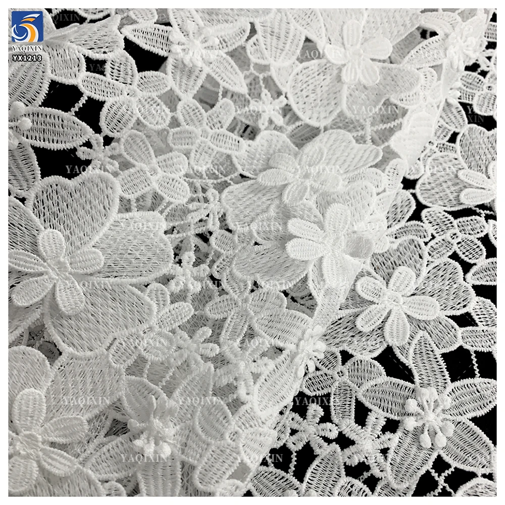 YX1213 200gsm Hand Embroidery 3D Flowers Lace Fabric Water-Soluble Milk Silk Embroidery Poly Net Lace Fabric White Dress - 图片 6