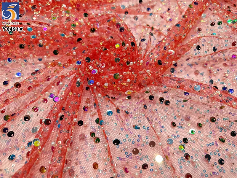 YX491 Wholesale Sequin Embroidery Beads Pearls Lace Fabric 2025 Sequined Lace Mesh Fabric