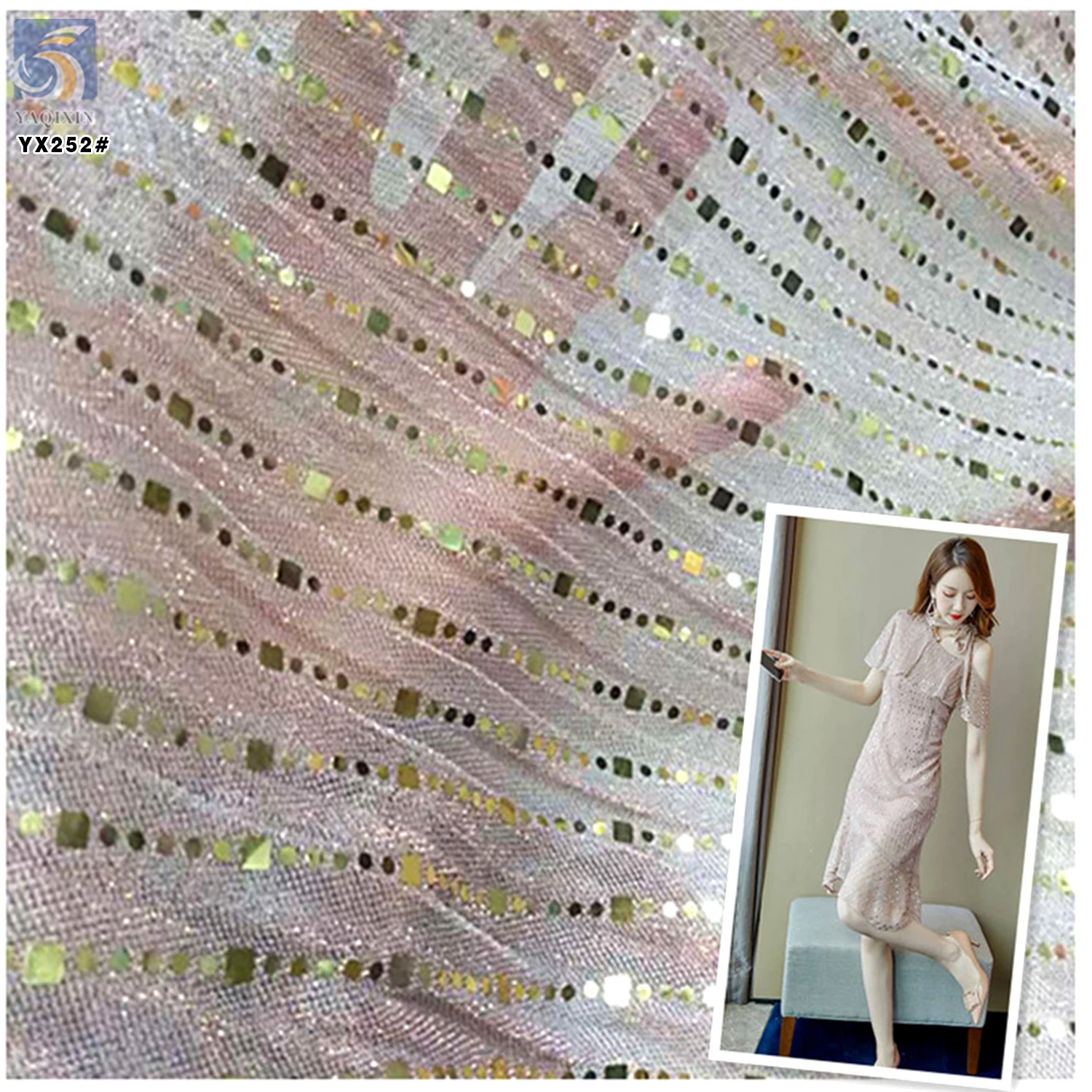 YX252 Luxurious New Design 100%Polyester Rib Knitted Glitter Lurex Fabric With Star and Moon Sequin Embroidery - 图片 3