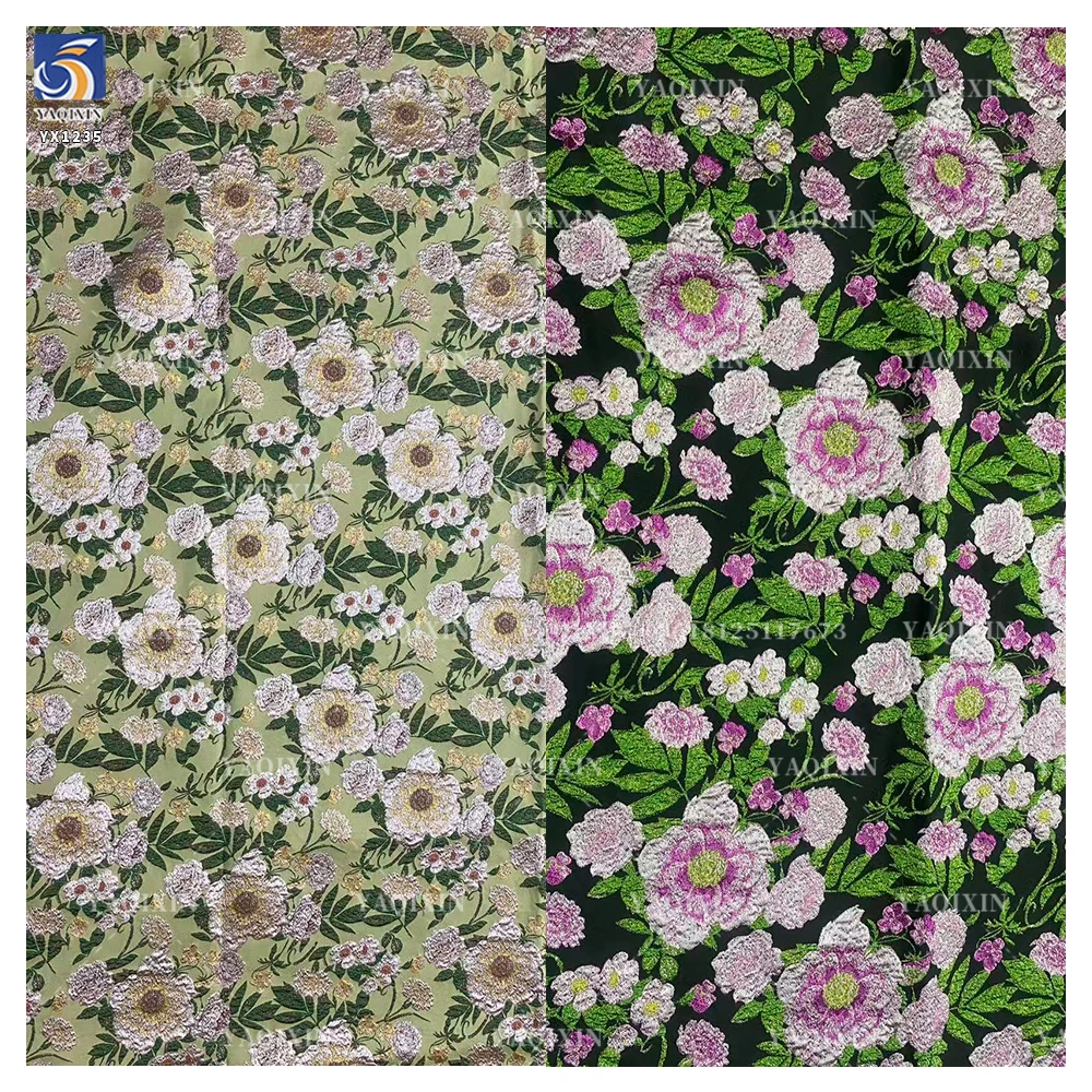 YX1235 Popular 220gsm Brocade Satin Jacquard Upholstery Fabric Green 3D Florals Embossed Yarn-Dyed Gold Brocade Fabric - 图片 6