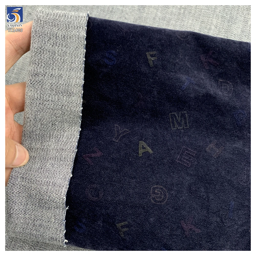 YX1403 2026 10oz High-Stretch Flock Denim Fabric OEM Custom Flocked Flower English Pattern Denim Fabric for Jackets - 图片 6