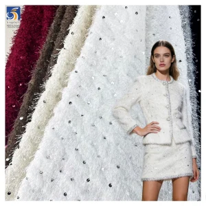 YX1423 2026 Winter White Fashion Chiffon Fabric for Women's Clothing French New Design Tassel Chiffon Fabric With Sequin