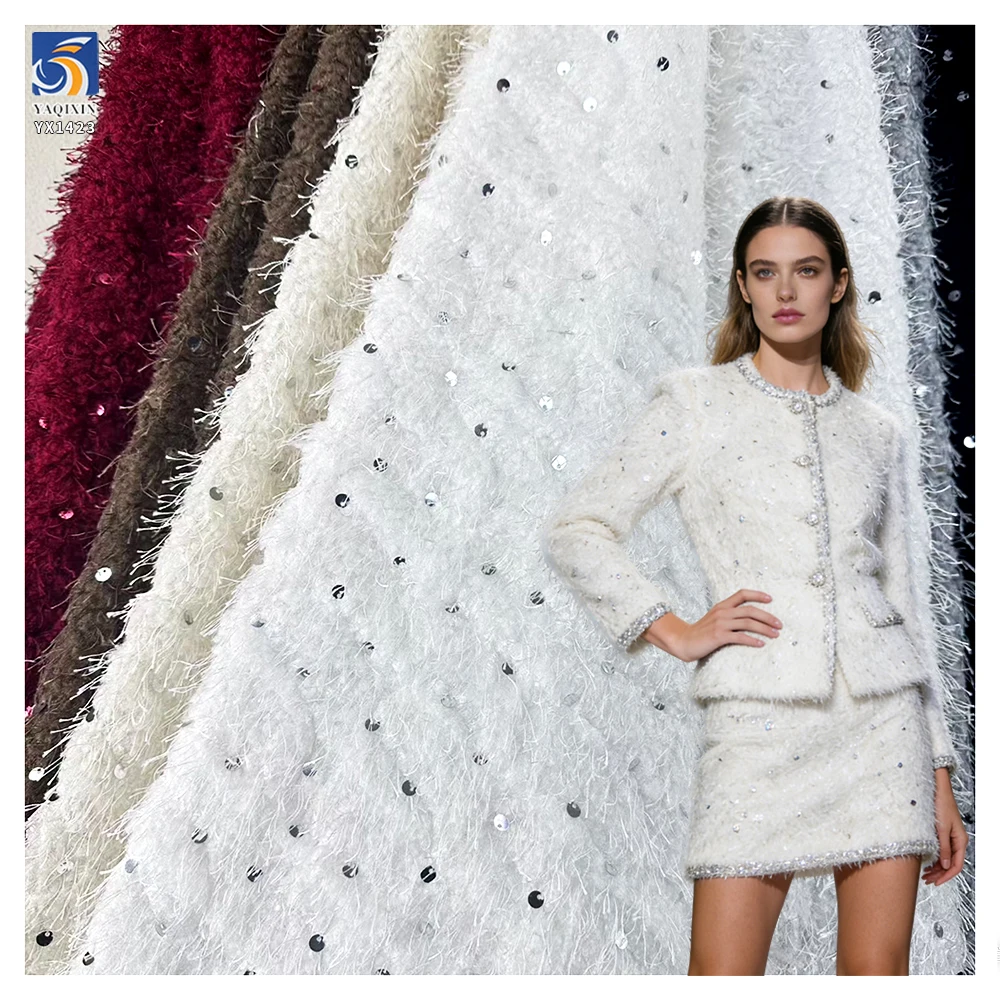 YX1423 2026 Winter White Fashion Chiffon Fabric for Women's Clothing French New Design Tassel Chiffon Fabric With Sequin