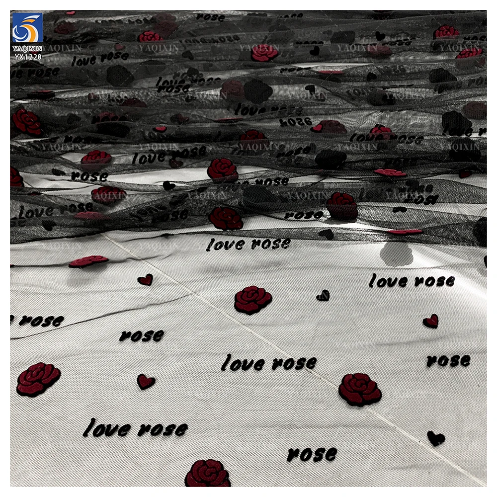 YX1220 French Romantic Mesh Love Rose Valentine's Day Flock Fabrics Knitted Red and Black Florals Flocked Tulle Fabric - 图片 2