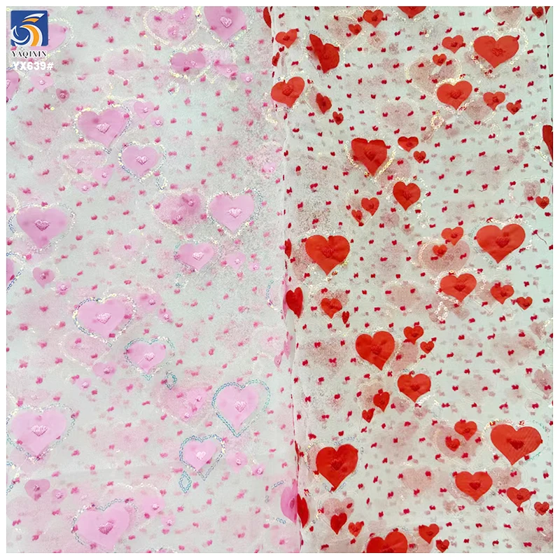 YX639 3D Embroidered Love Heart and Rainbow Bridge Sequined Tulle Fabric for Children's Clothing Valentine's Day Fabric