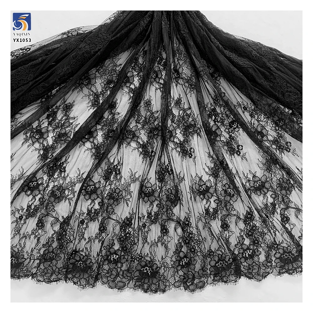 YX1053 Tulle Poly Black Eyelash Lace Fabric Ply Bone Thread Embroidery Flowers Custom Apparel-Sleepwear Eyelash Lace Fabrics - 图片 2