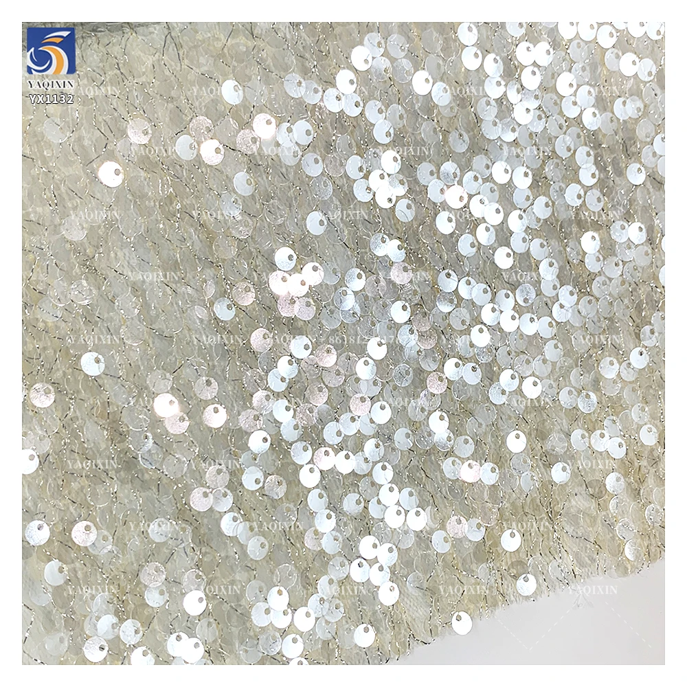 YX1132 High-Quality Glitter Knitted Mesh Transparent Sequin Fabric 5mm Size Sequins Fabrics and Textiles for Women's Clothing - 图片 6