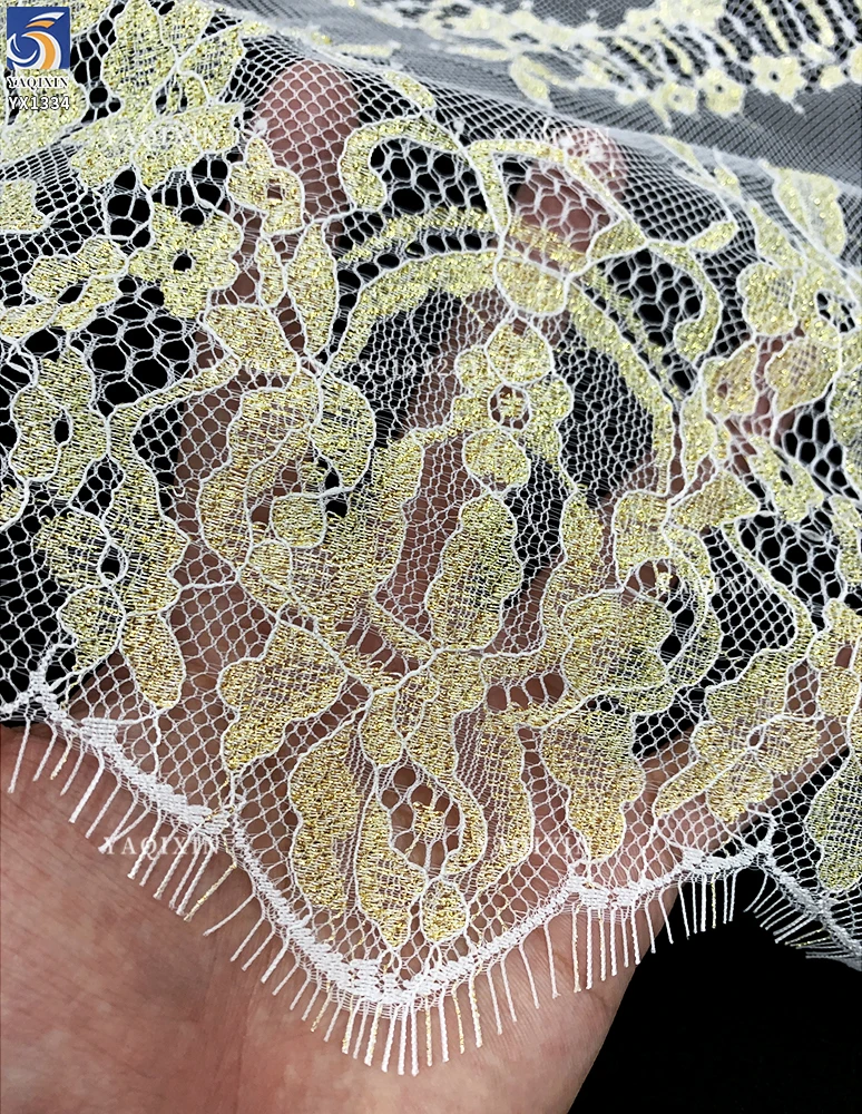 YX1334 2026 3m*1.5m OEM Custom-Dyed Lace Fabric Luxurious French Fashion Dresses Eyelash Gold Lace Fabric Embroidered - 图片 3
