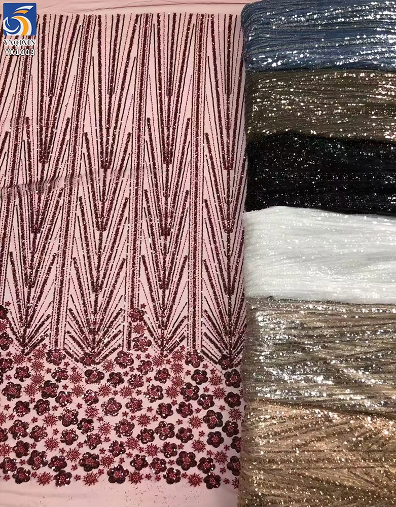 YX2494 Reasonable Price Indian African Wine Red Sequined Lace Fabric With Beads and Sequin Embroidery Lace Fabric Per Meter - 图片 2