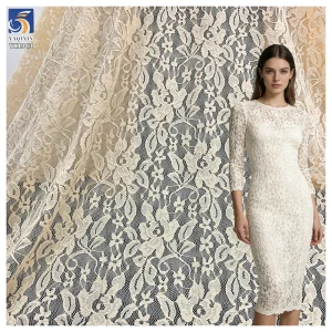 YX1343 Women's Dress 110gsm Apricot Color Chantilly Lace Fabric 92% Polyester 8% Spandex Stretch Chantilly Mesh Lace Fabric