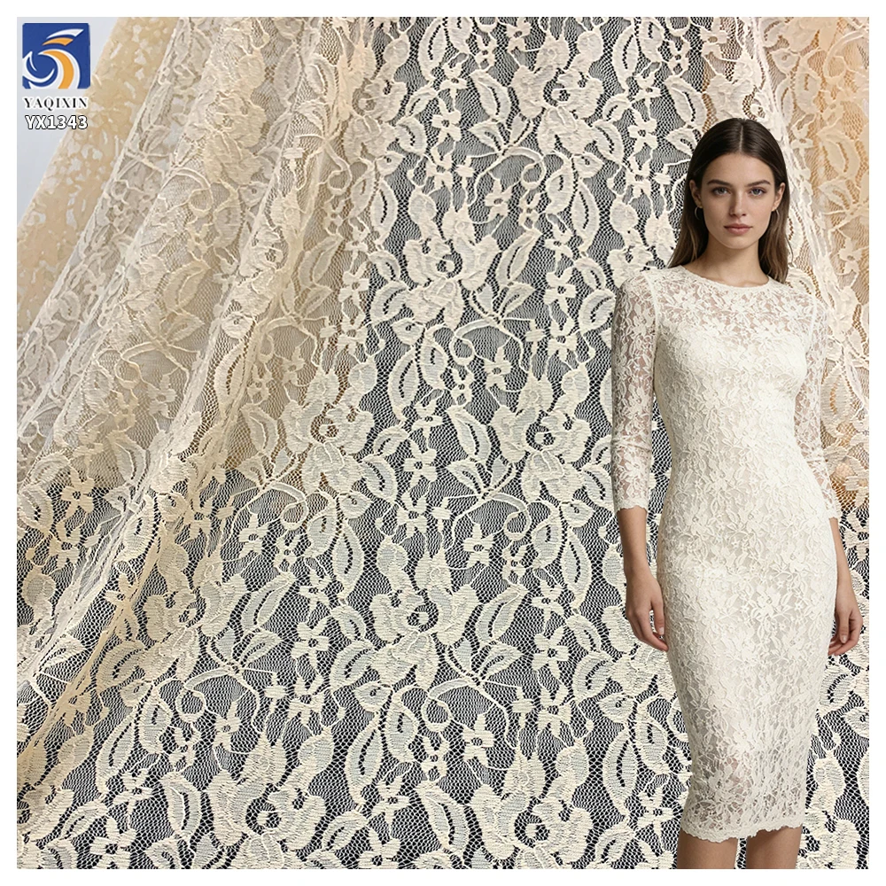 YX1343 Women's Dress 110gsm Apricot Color Chantilly Lace Fabric 92% Polyester 8% Spandex Stretch Chantilly Mesh Lace Fabric