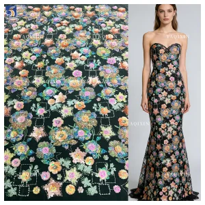YX1308 3D Florals Colored Sequin Embroidered Mesh Fabric for Spring/Summer Dress Heavy Embroidery Pearls Glitter Sequin Fabric